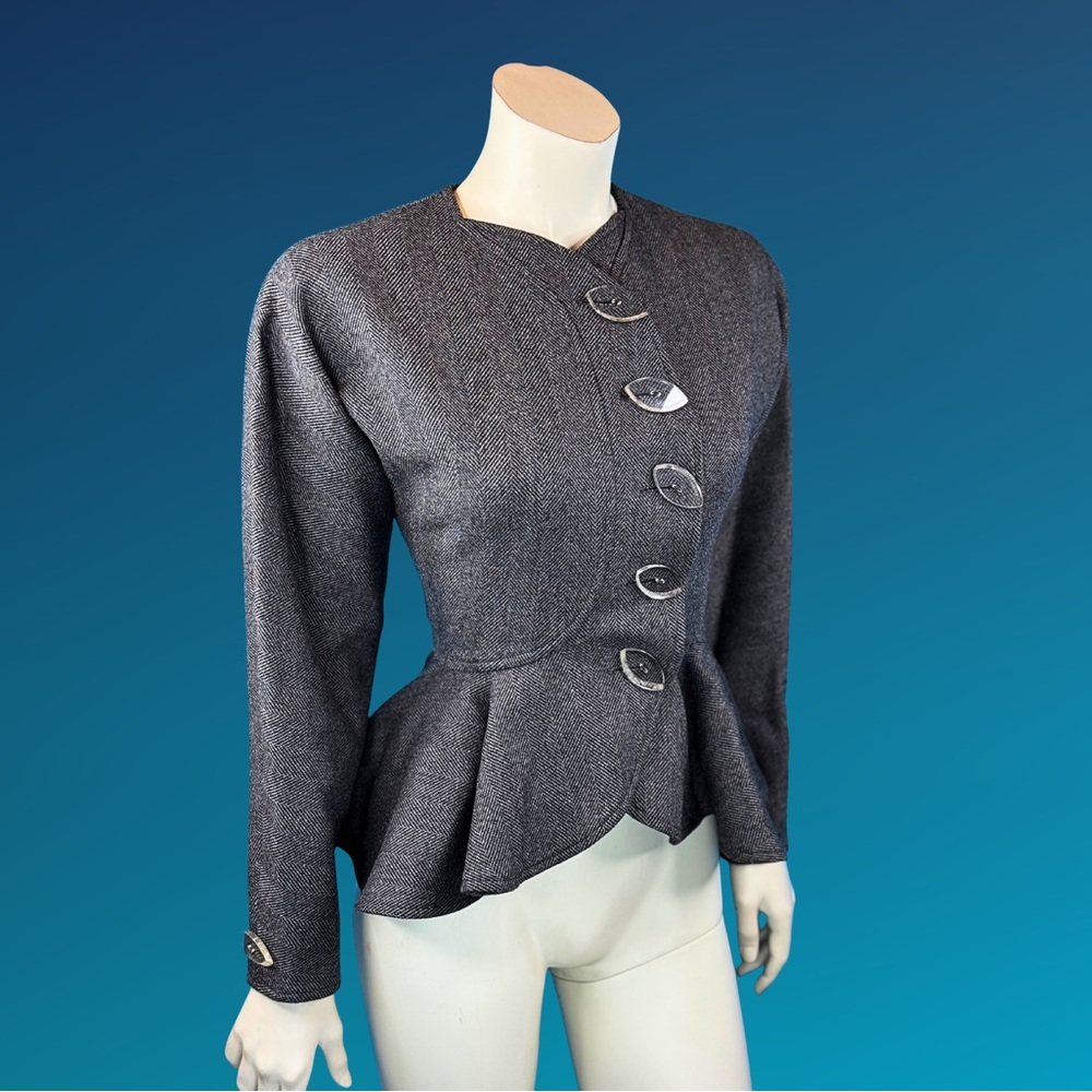 80s designer JEAN MUIR Herringbone Wool Avant Garde Peplum Jacket / S